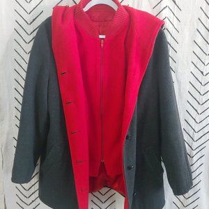 Rare hooded charcoal and cherry red wool Mackintosh vestcoat